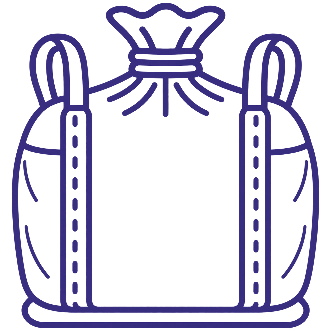 Blue line drawing of a backpack with straps and a tied closure, in an outline style.