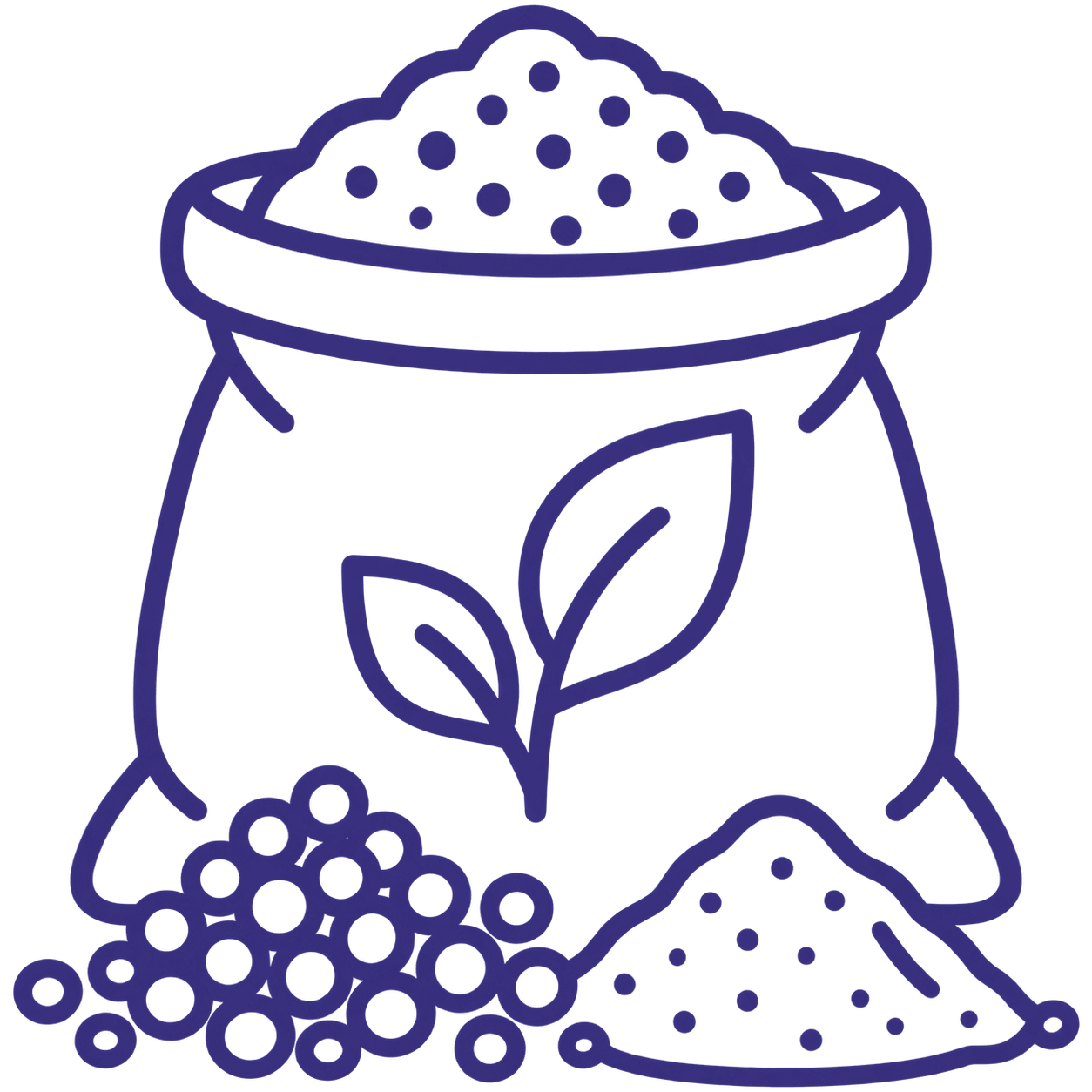 Illustration of a grain sack with a leafy plant design and grains spilling from the bottom.