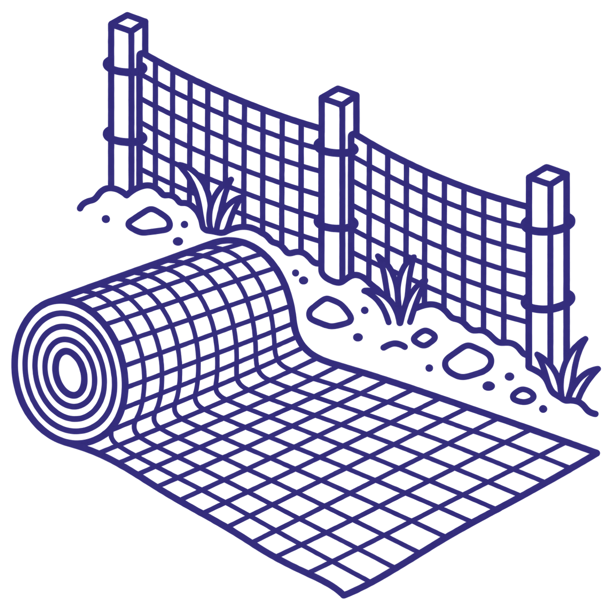 Blue line drawing of a rolled yoga mat partially unrolled on the ground beside a fence and small plants.