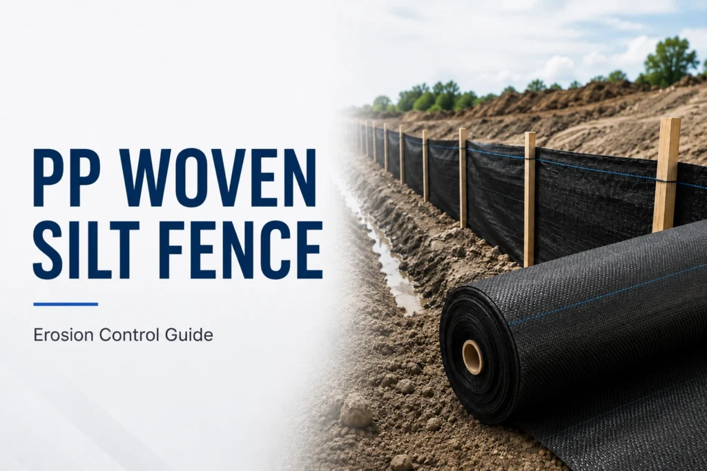 Large text reads 'PP WOVEN SILT FENCE' with subtitle 'Erosion Control Guide' beside a rolled black PP woven silt fence at a construction site for erosion control Themenage.