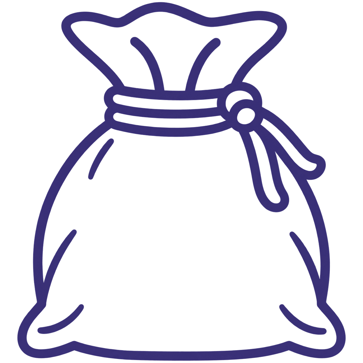 Purple line drawing of a money bag with a tied knot at the top, representing wealth or savings (icon style)