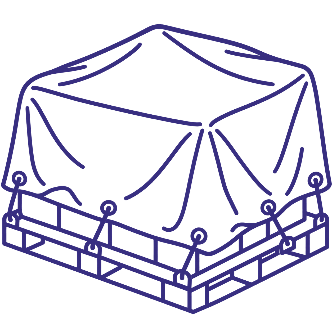 Isometric line drawing of a four-poster canopy bed with draped curtains.