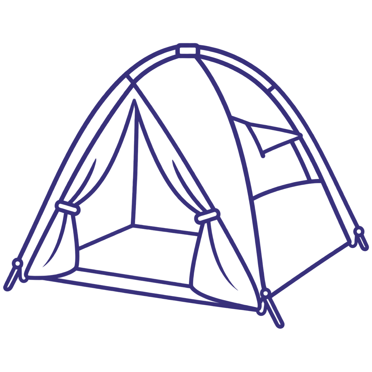 Line drawing of a pitched camping tent with guy lines and pegs.