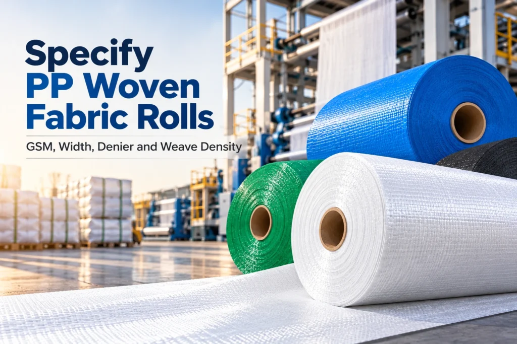 PP woven fabric rolls in blue, green, white and black, showcasing industrial woven polypropylene fabric used for packaging and manufacturing.